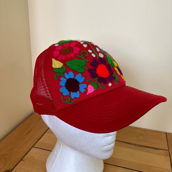 Mexico Embroidered Trucker Hat Red Oaxaca Floral Snapback Mesh Baseball Cap - Picture 4 of 10